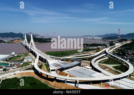 Aerial view of Fuchimen Bridge, which finishes its main tower coating and will come into service in September, Zhoushan city, east China’s Zhejiang pr Stock Photo