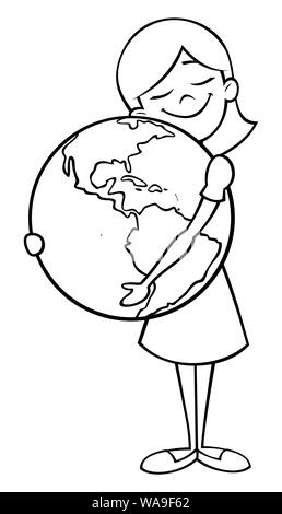 Child and Earth Line Art Stock Vector