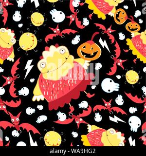 Halloween seamless bright festive pattern with monsters and bats. Stock Vector