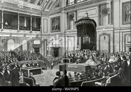 The Bourbon Restoration. Madrid, Spain. King Alfonso XII (1857-1885) reading the speach to opening of the Cortes Generales (General Courts). Engraving. La Ilustracion Española y Americana, February 29, 1876. Stock Photo