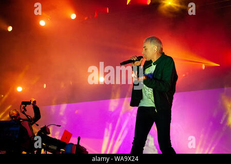 Trondheim, Norway. August 15th, 2019. The British electronic music group Underworld performs a live concert during the Norwegian music festival Pstereo 2019. Here singer Karl Hyde is seen live on stage. (Photo credit: Gonzales Photo - Tor Atle Kleven). Stock Photo