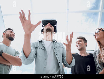 Doctor uses augmented reality goggles to exam human skeleton Stock Photo