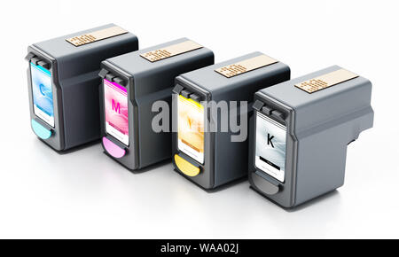 Generic inkjet printer CMYK cartridges isolated on white background. 3D illustration. Stock Photo