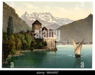 Chillon Castle, and Dent du Midi, Geneva Lake, Switzerland; Print