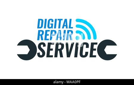 Vector Logo template for Repair Service of digital equipment. Illustration with spanner and captions isolated on white background. Stock Vector