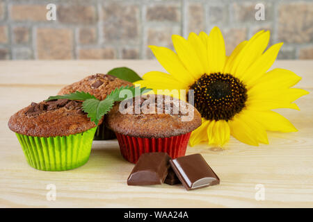 Muffins in colorful baskets with chocolate and sunflower on wooden table. Blurred stoneware background. Stock Photo