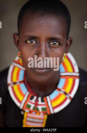 Samburu woman with traditional necklace in Ngurunit, Kenya. Stock Photo