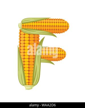 Vegetable letter F corn style cartoon vegetable design flat vector illustration isolated on white background. Stock Vector