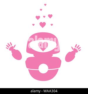 Pink silhouette cute white modern levitating robot raised hands and with pink heart love face flat vector illustration isolated on white background. Stock Vector