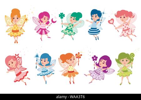 Set of flying butterfly fairy with different shape magic wand and wearing colorful clothes cartoon character design flat vector illustration. Stock Vector