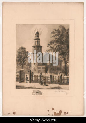 Christ Church Alex., Va Abstract: Print shows an exterior view of Christ Church in Alexandria, Virginia, with fence and gate along sidewalk in the foreground and a small cemetery beneath a tree on the right. Also shows two women standing on the sidewalk and a man standing at the gate, other people between the gate and the church, and a woman standing at the entrance to the church. Includes a remarque at bottom center showing the interior of a pew. Stock Photo