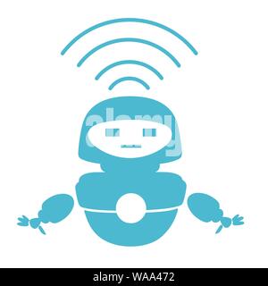 Blue silhouette cute white modern levitating robot with wi-fi module flat vector illustration isolated on white background. Stock Vector