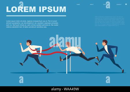 Competitive race businessman running flat vector illustration on blue background horizontal banner design website page with menu. Stock Vector