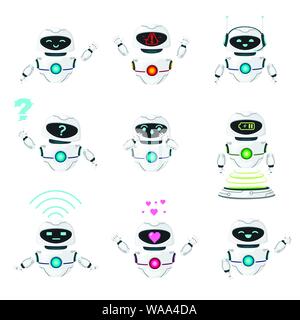 Set of cute white modern levitating robots perform different tasks flat vector illustration isolated on white background. Stock Vector