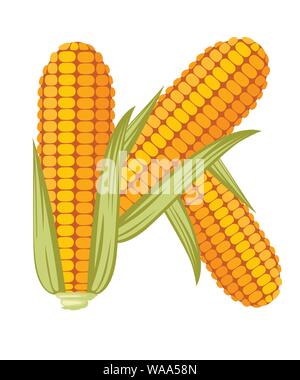 Vegetable letter K corn style cartoon vegetable design flat vector illustration isolated on white background. Stock Vector