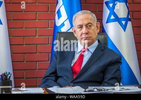 TEL AVIV, ISRAEL. August 14, 2019. Prime minister of Israel during the meeting with journalists from the Israeli media outlets in Russian. Stock Photo