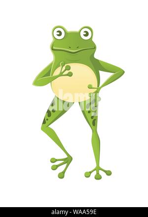 Cute smiling green frog standing on two legs cartoon animal design flat vector illustration isolated on white background. Stock Vector