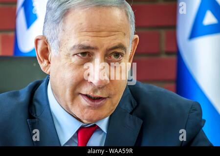 TEL AVIV, ISRAEL. August 14, 2019. Prime minister of Israel during the meeting with journalists from the Israeli media outlets in Russian. Stock Photo