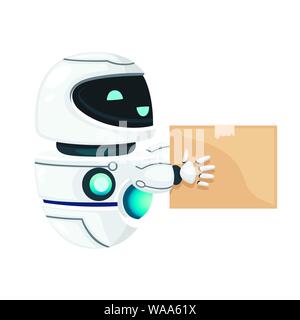 Cute white modern levitating robot with happy face hold the cardboard box flat vector illustration isolated on white background. Stock Vector