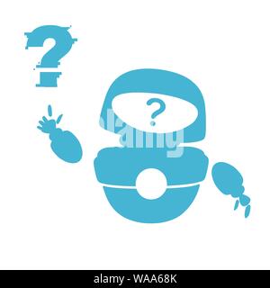 Blue silhouette cute white modern levitating robot waving hand and with question mark face flat vector illustration isolated on white background. Stock Vector