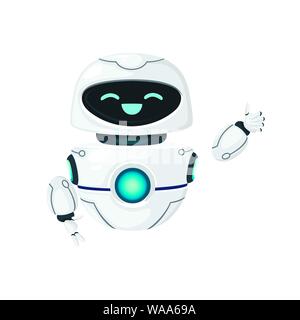 Cute white modern levitating robot waving hand and with happy face flat vector illustration isolated on white background. Stock Vector