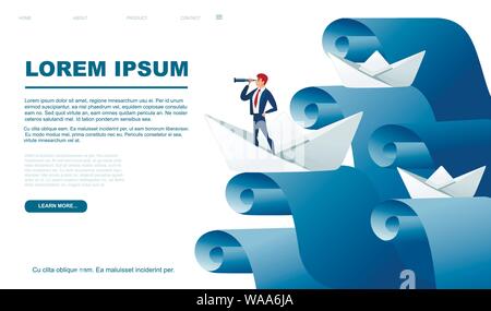 Folded paper boats with businessman look in spyglass on water waves following the leader abstract concept flat vector illustration. Stock Vector