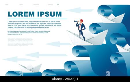 Folded paper boats with businessman look in spyglass on water waves following the leader abstract concept flat vector illustration. Stock Vector