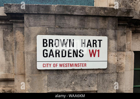 London / UK - July 18, 2019: Brown Hart Gardens name sign, City of Westminster. Located off Duke Street, Mayfair, it is a public garden on top of an e Stock Photo