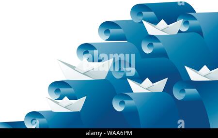 Folded paper boats on water waves following the leader abstract concept flat vector illustration. Stock Vector