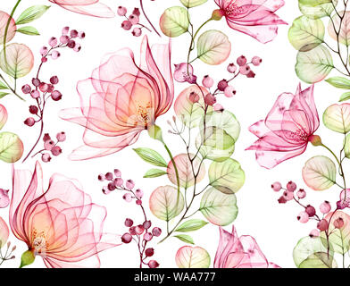 Transparent watercolor rose. Seamless floral pattern. Isolated hand drawn with big flowers, eucalyptus and berries for wallpaper design, textile Stock Photo