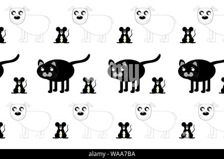 Black and white kawaii illustration. Dog, cat and mouse in a repeating seamless pattern. Stock Photo