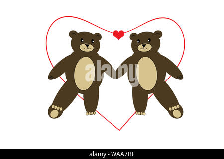 Illustration. Two brown bears are holding while walking at the paw in a frame made of red hearts isolated on white background. Stock Photo