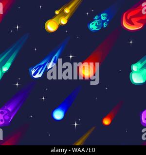 Seamless pattern of meteors and comet with different colors and shapes flat vector illustration on outer space background with stars. Stock Vector