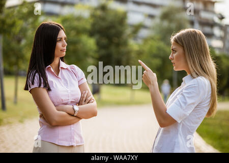 Business colleagues are arguing in park on break. Stock Photo