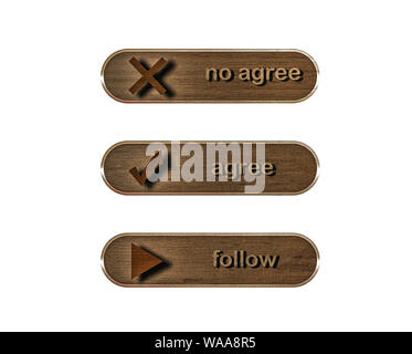 Illustration. Set wooden web buttons with icons and inscriptions isolated on white background. Stock Photo
