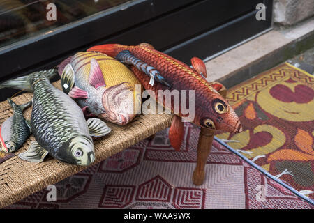 Cute fish cushions and patterned rugs for sale at a fun shop called Karma on Rue Saint-Nicolas in Rouen, France Stock Photo