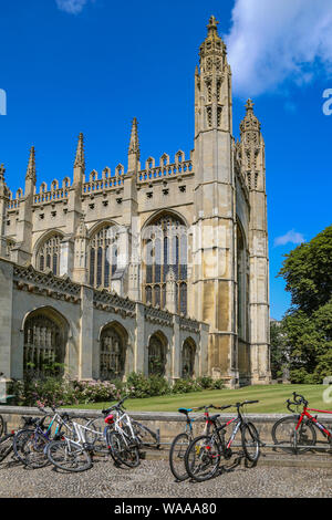 Beautiful, classic, gothic King's College Chapel, Cambridge, Great Britain with a row of bikes in the foreground Stock Photo