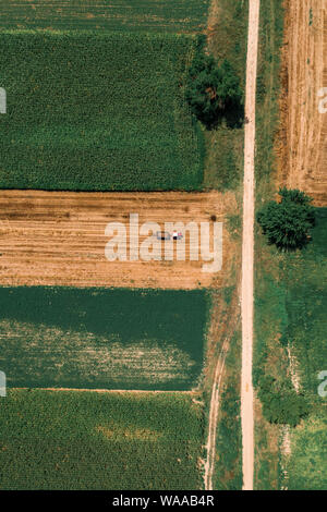 Aerial view of tractor with trailer spreading organic fertilizer in field from drone pov, top view Stock Photo