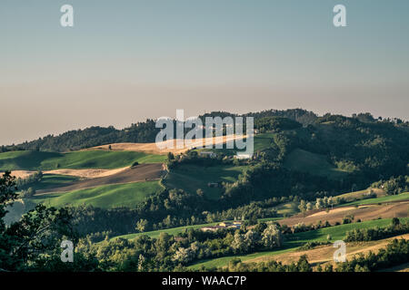 Cultivated hills in the Northern Apennines at summer. Loiano, Bologna province, Emilia Romagna, Italy. Stock Photo