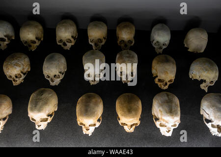 Skulls of victims of the 1994 Rwandan Genocide on display in the Kigali Genocide Memorial Centre in Kigali, Rwanda, East Africa Stock Photo