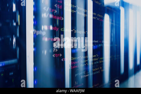 PHP code on server room background. Technology concept. Stock Photo
