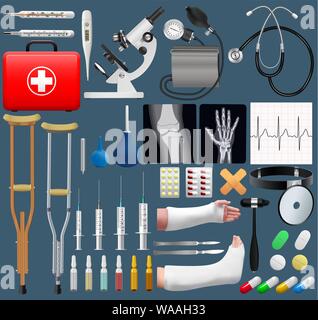 Big medical objects set. Realistic tools and equipment. Isolated objects. Vector Stock Vector