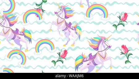 Cute white unicorns with rainbow hair on light blue stripes seamless vector pattern background illustration Stock Vector
