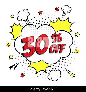 Comic lettering 30 percent off SALE in the speech bubble comic style flat design. Stock Vector