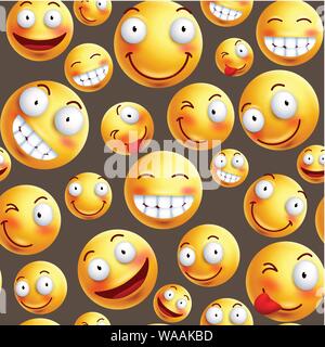 Smiley pattern vector background with continuous or seamless happy facial expressions of yellow smileys in brown background. Vector illustration. Stock Vector