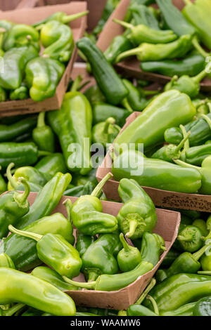 green chillies or chilli peppers on display at a fruit and vegetables market selling fresh produce. Stock Photo