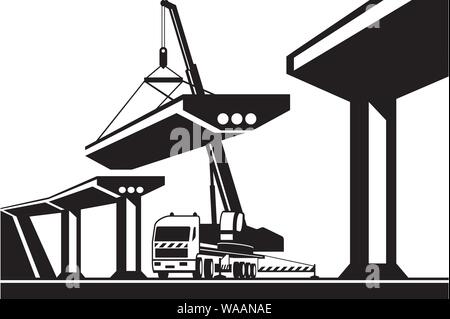 Mobile crane lifting part of a bridge - vector illustration Stock Vector