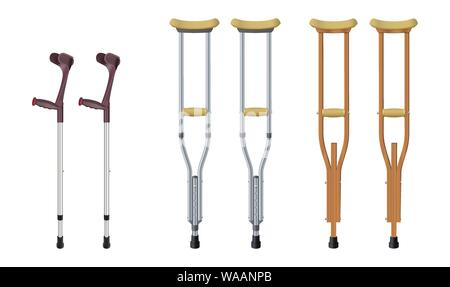 Set of crutches. Elbow crutch, telescopic metal crutch, wooden crutch. Medical equipment for rehabilitation of people with diseases of musculoskeletal Stock Vector