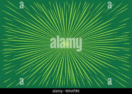 Pop art green background with radial rays.  Background with halftones for comics. Textured background with radial halftone lines for posters, comics a Stock Vector