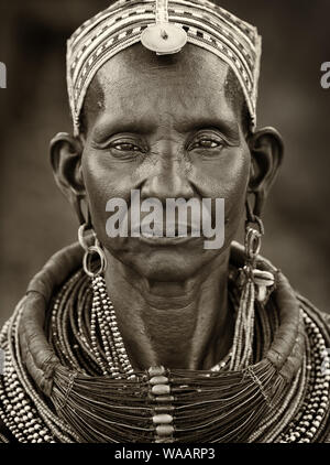 Old Samburu woman with traditional necklace in Ngurunit, Kenya. Stock Photo